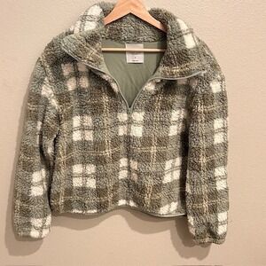 Plaid Sherpa Sage Green Quarter Zip Women's Pullover Size Medium